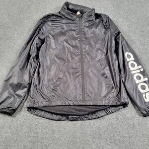 Adidas Jacket Womens Small Black Hooded Windbreaker Full Zip Spell Out Logo